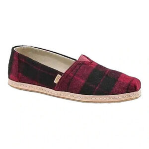 TOMS RED‎ PLAID FELT ON LEATHER ALPARGATA FLAT SLIP-ON SHOES WOMEN'S SIZE 6